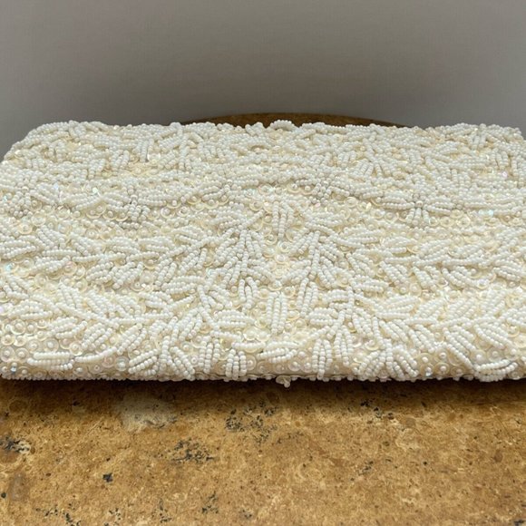Vintage Stunning White Sequin Beaded Handmade Front Flap Clutch Purse Hong Kong - Picture 6 of 13